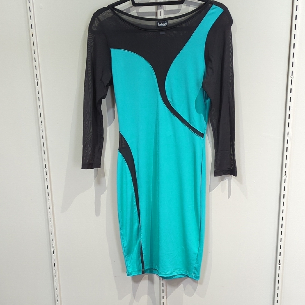Frederick's of Hollywood Teal and Black Mesh-Sleeve Sheath Dress